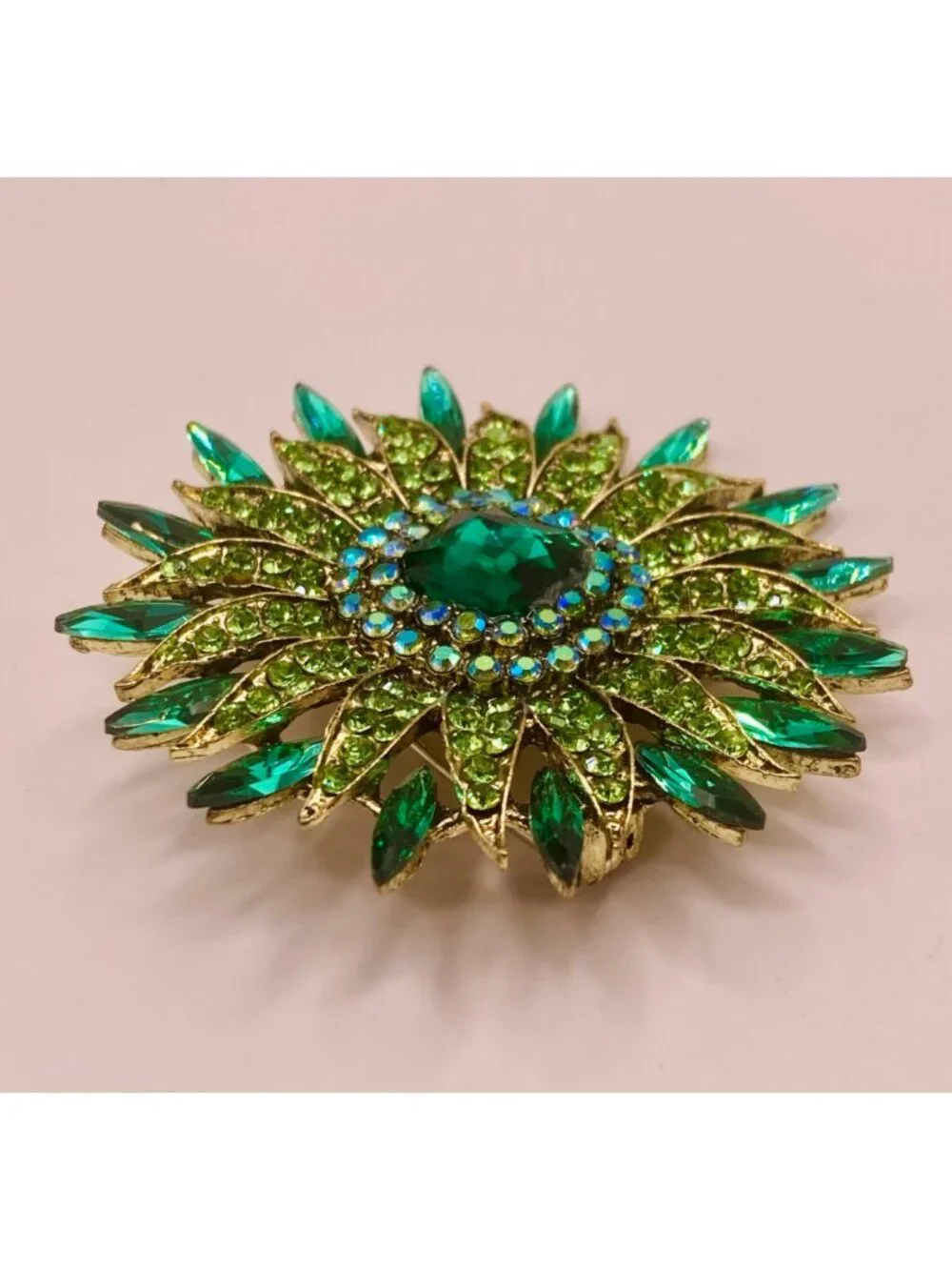Green Rhinestone Gold-Tone Sunburst Brooch Pin -97B